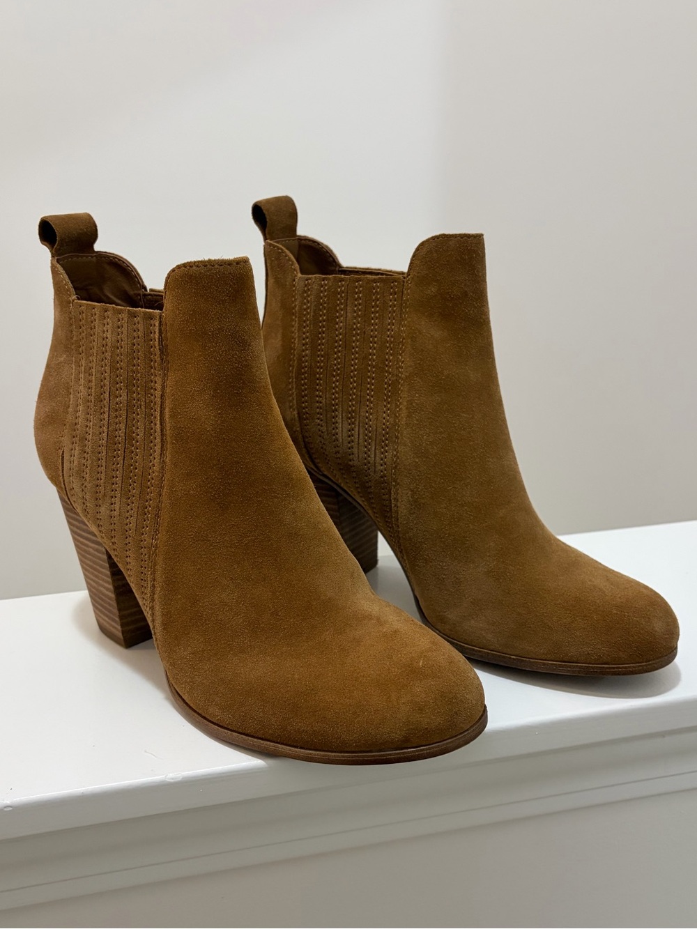 Suede Ankle Booties in Cognac Brown - Women's Chelsea Heel